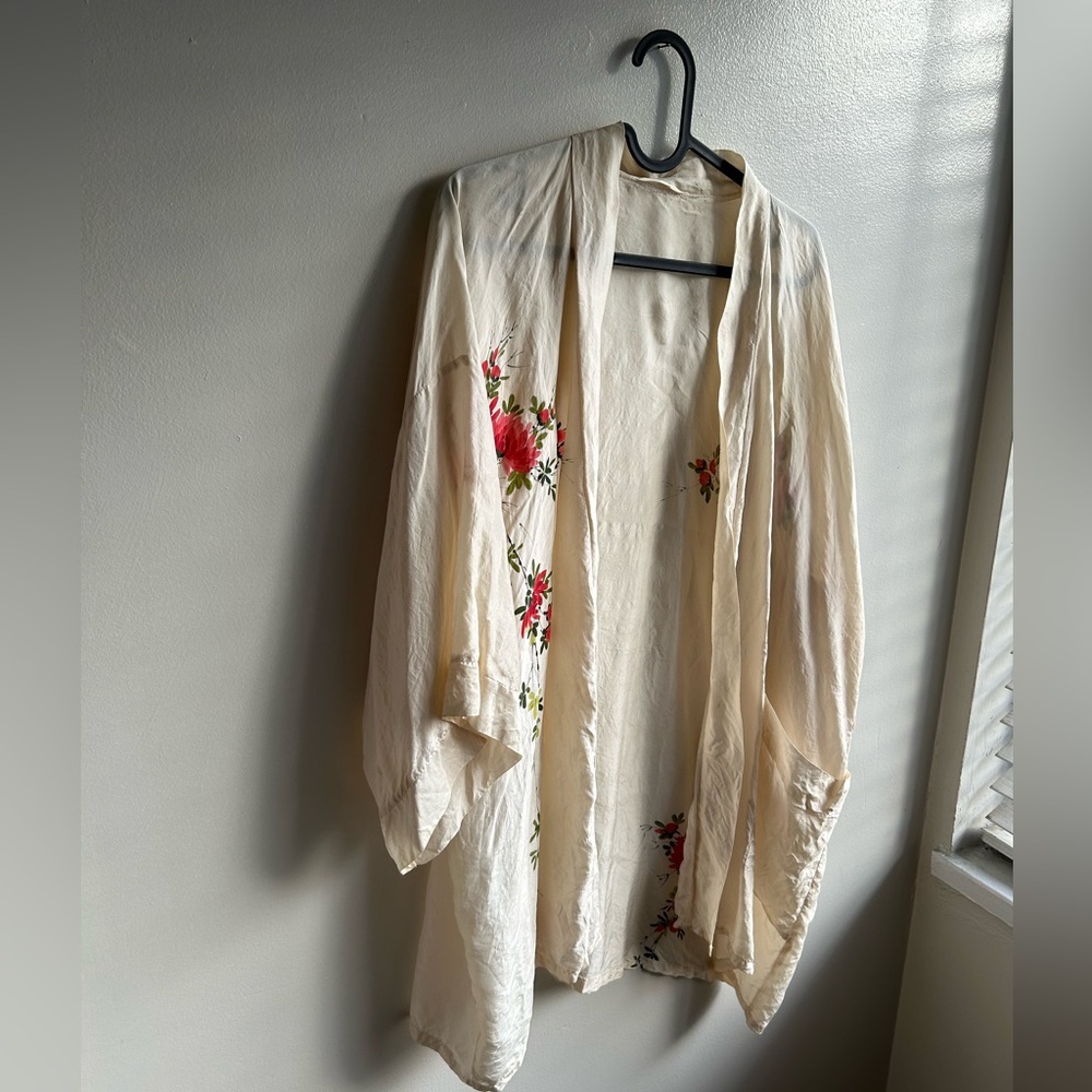 Vintage Silk Robe with Hand-Painted Flowers